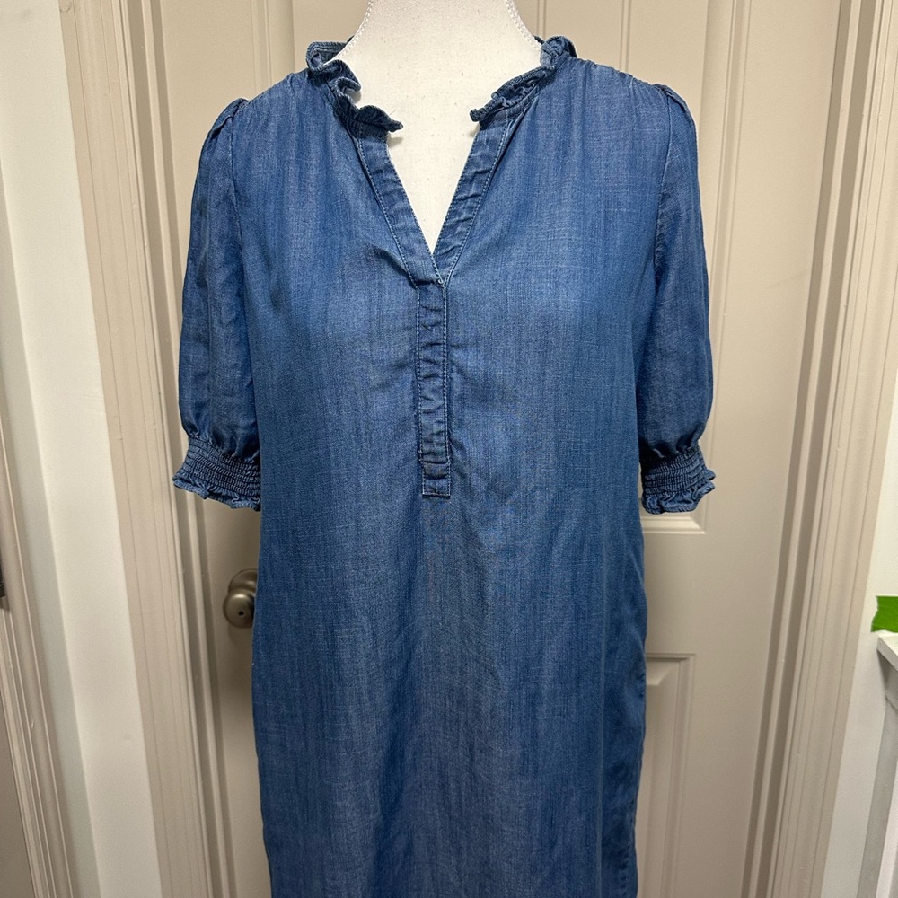 Talbots Blue Chambray Ruffle Neck Shift Dress - image 2